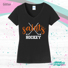 Load image into Gallery viewer, Churchville Chili Varsity Hockey Ladies V-Neck T-Shirt (Glitter Design) - Store # 4162