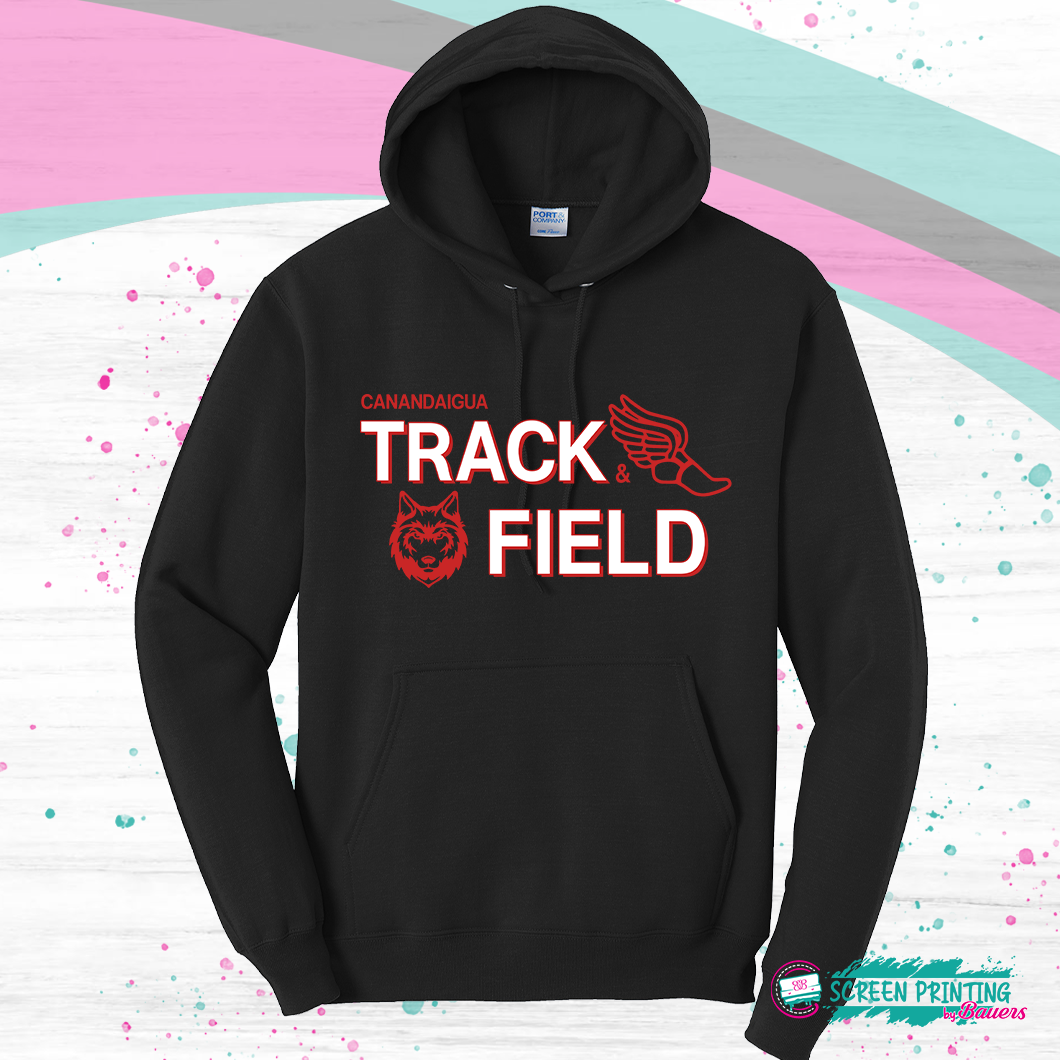 Black Canandaigua Track Hoodie (Red/white design- 100)