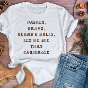 Turkey, gravy, beans and rolls apparel