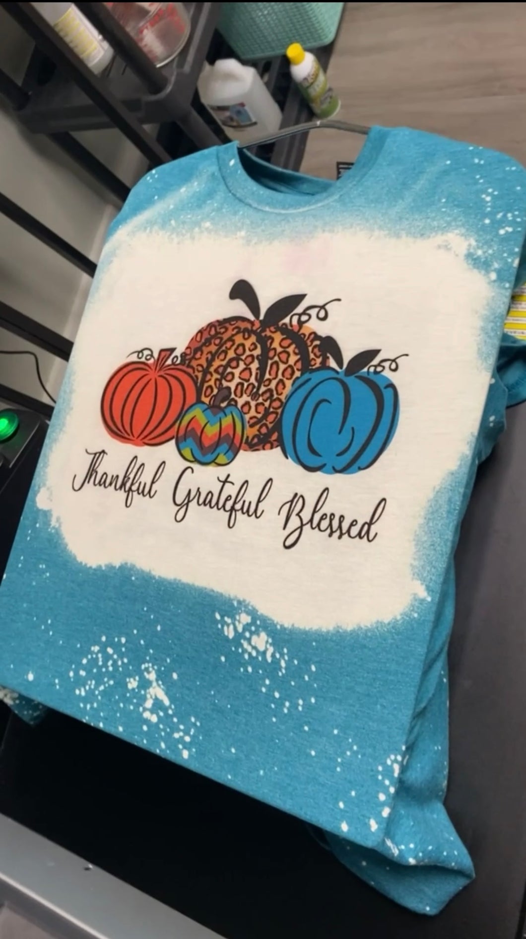 Bleached blue T- thankful grateful blessed pumpkins