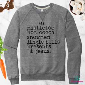 Mistletoe hot cocoa snowmen jingle bells presents & Jesus CS