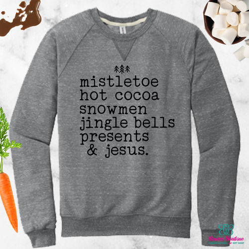 Mistletoe hot cocoa snowmen jingle bells presents & Jesus
