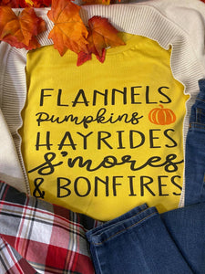 Flannels pumpkins hayrides s’mores & bonfires apparel